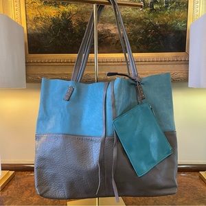 LEATHER TURQUOISE & GREY SHOULDER HANDBAG with LEATHER ACCESSORY ZIPPERED BAG